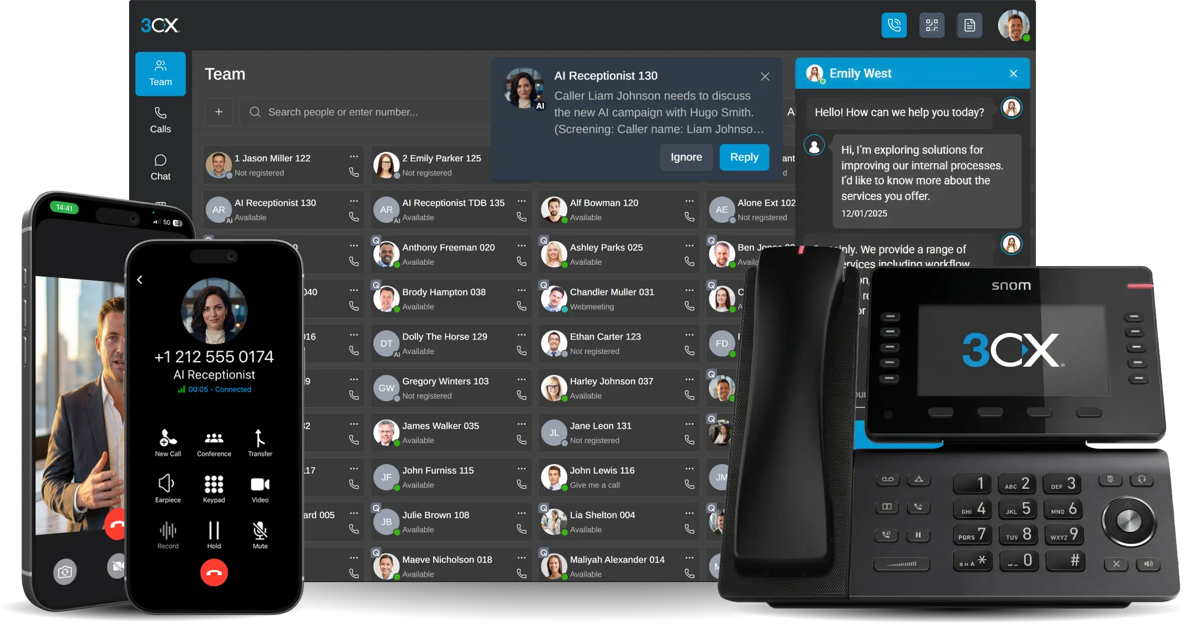 Interface 3CX avec client web, mobile et téléphone IP
