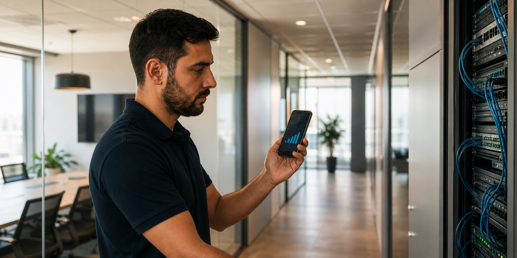 Technicien réalisant une mesure de couverture mobile 4G et 5G en entreprise