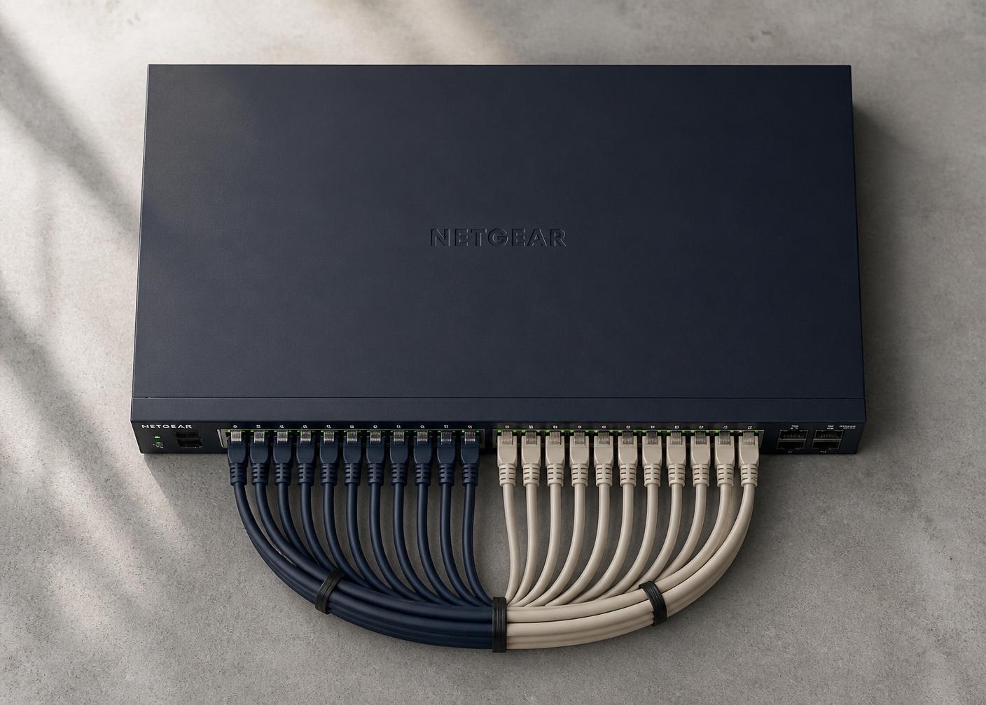 Switch réseau avec câbles organisés et attachés proprement