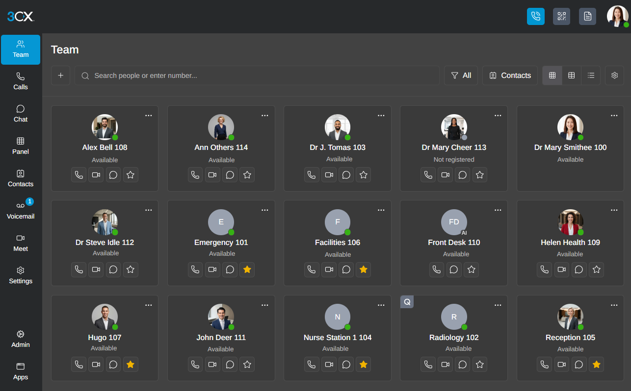 Vue équipe du client web 3CX